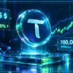 Symbole 3D de Bittensor TAO au-dessus d’une tablette de trading avec graphique, niveaux techniques et signal de hausse.