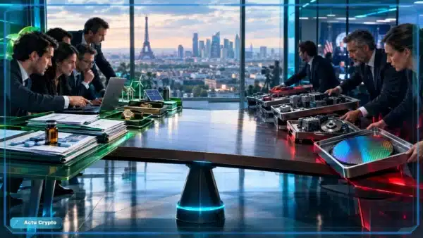 Photo réaliste d’une réallocation de portefeuille à Paris illustrant la forte rotation du CAC 40, avec logiciels et santé en hausse tandis que semi-conducteurs et industriels reculent avant la Fed.