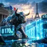 Taureau financier face à une barrière lumineuse, symbole du CAC 40 sous 8 200 points