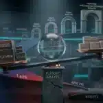 Illustration 3D d'une balance financière représentant le CAC 40, avec des poids pour les entreprises en baisse et en hausse, et des niveaux de support et de résistance.