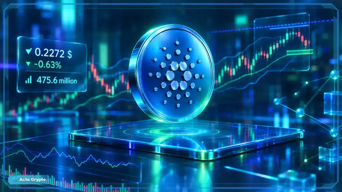 Symbole Cardano ADA en hologramme 3D devant un graphique de marché avec niveaux de support et de résistance