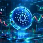 Logo Cardano ADA en hologramme 3D devant un graphique de marché avec niveaux techniques et prix à 0,2486 $.