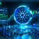 Symbole Cardano ADA en hologramme 3D devant un graphique de marché avec niveaux techniques, volume et hausse du prix