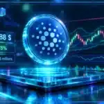 Symbole Cardano ADA en hologramme 3D devant un graphique de marché avec niveaux de support et de résistance