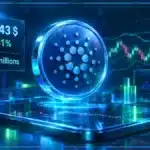 Symbole Cardano ADA en hologramme 3D devant un graphique de marché avec résistance et indicateurs techniques