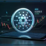 Logo Cardano en hologramme devant un graphique de marché montrant une résistance et le cours d’ADA