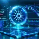 Symbole Cardano ADA en hologramme 3D au-dessus d'un graphique avec support, résistance et indicateurs de marché