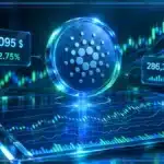 Symbole Cardano ADA holographique au-dessus d’une tablette de trading avec graphique, volume et niveaux techniques.