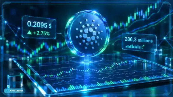 Symbole Cardano ADA holographique au-dessus d’une tablette de trading avec graphique, volume et niveaux techniques.
