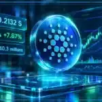 Symbole Cardano ADA en hologramme au-dessus d’une tablette de trading avec graphique, RSI, volume et résistance.