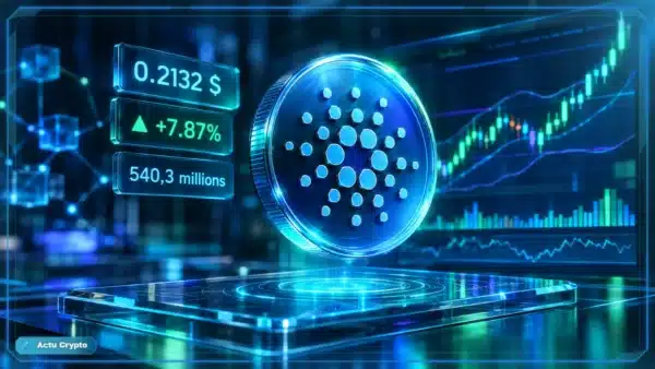 Symbole Cardano ADA en hologramme au-dessus d’une tablette de trading avec graphique, RSI, volume et résistance.