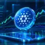Symbole Cardano ADA en hologramme 3D devant un graphique de marché avec résistance et indicateurs techniques