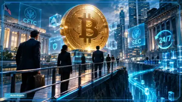 Illustration de Wall Street reliée à une infrastructure de tokenisation régulée
