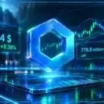 Symbole 3D de Chainlink devant un graphique de marché, avec une résistance proche et une hausse quotidienne du LINK.