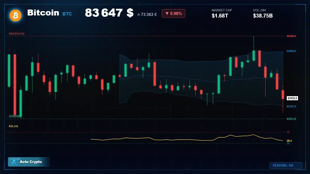 Graphique du cours Bitcoin à 83647 $ Analyse technique du cours de Bitcoin de bitcoin à 83647 $ aujourd'hui