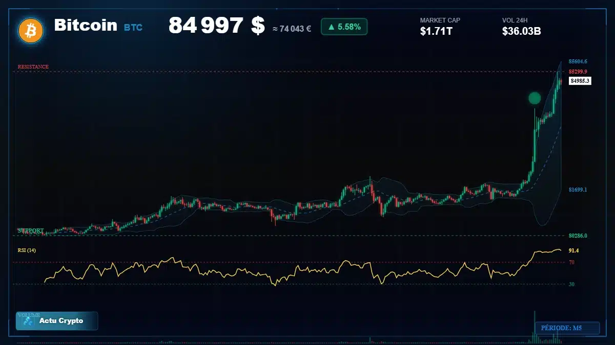 Graphique du cours Bitcoin à 84997 $ Analyse technique du cours de Bitcoin de bitcoin à 84997 $ aujourd'hui