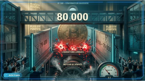 Illustration photo réaliste de Bitcoin autour de 79 400 dollars après la rupture des 80 000 dollars, avec volumes en forte hausse, levier en baisse et support critique vers 78 150 dollars.