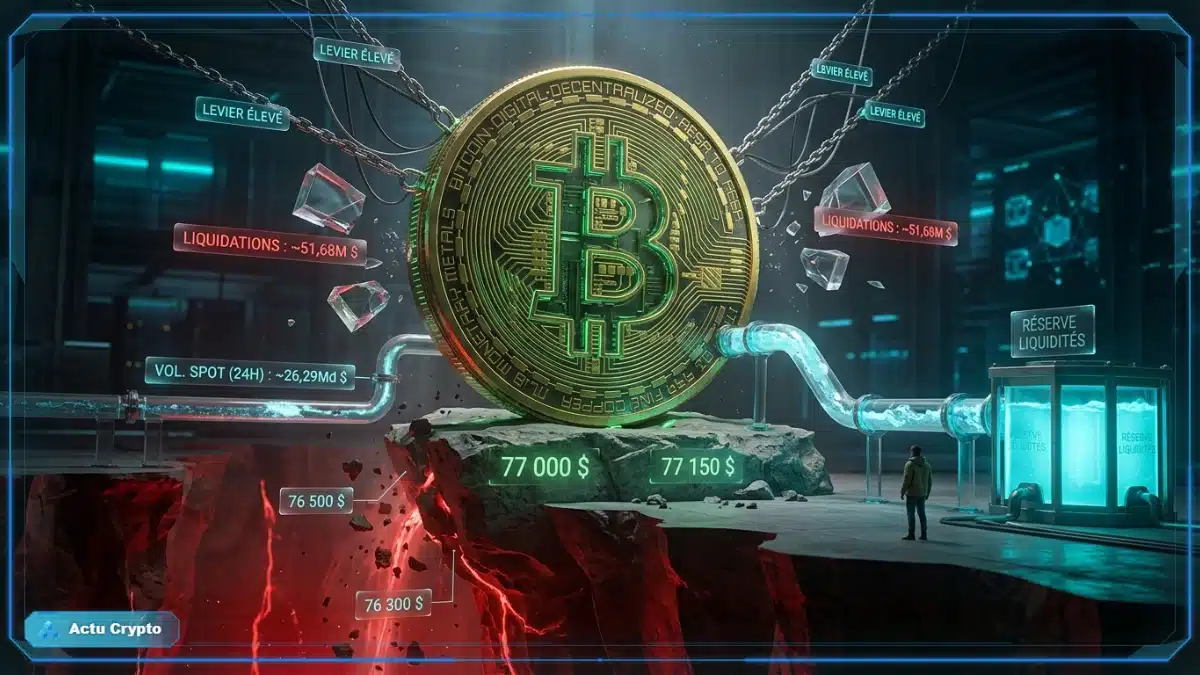 Graphique du cours Bitcoin entre le support des 77 000 $ et la résistance des 78 500 $