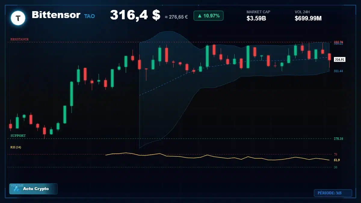 Graphique du cours Bittensor à 316 $ Analyse technique du cours de Bittensor de bittensor à 316 $ aujourd'hui