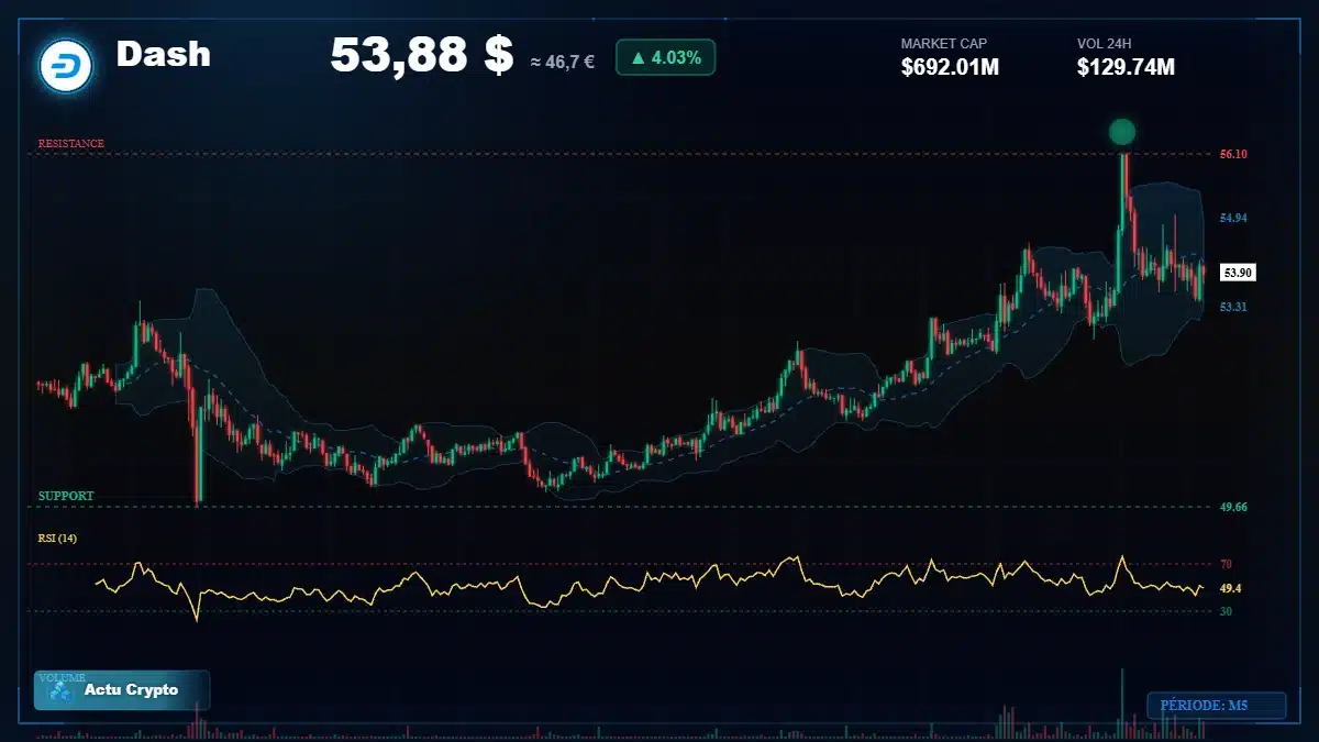 Graphique du cours Dash à 53.88 $ Analyse technique du cours de Dash de dash à 53.88 $ aujourd'hui