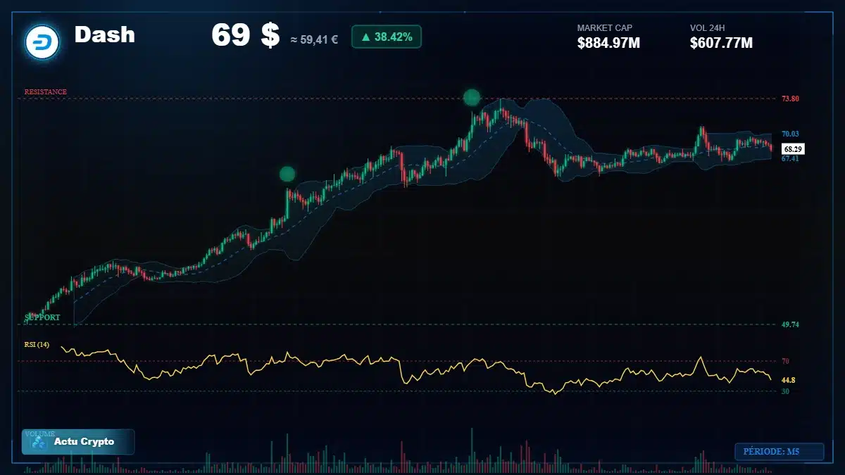 Graphique du cours Dash à 69.00 $ Analyse technique du cours de Dash de dash à 69.00 $ aujourd'hui