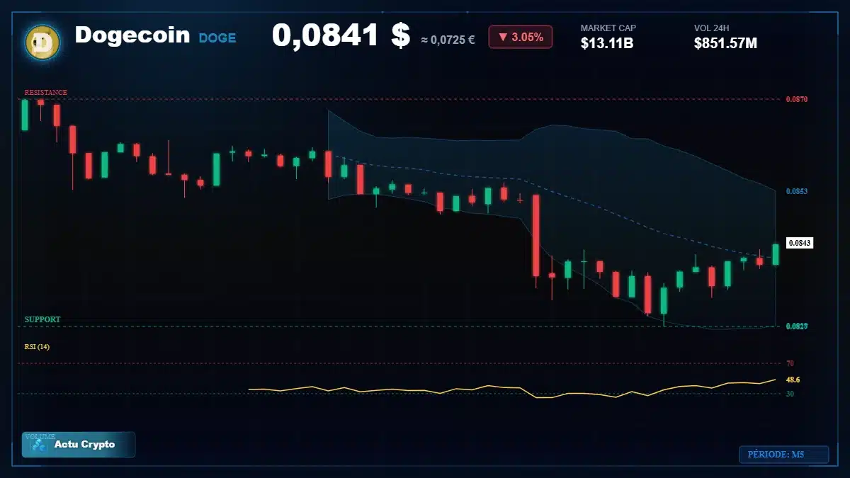 Graphique du cours Dogecoin à 0.08 $ Analyse technique du cours de Dogecoin de dogecoin à 0.08 $ aujourd'hui
