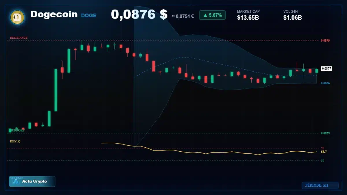 Graphique du cours Dogecoin à 0.09 $ Analyse technique du cours de Dogecoin de dogecoin à 0.09 $ aujourd'hui