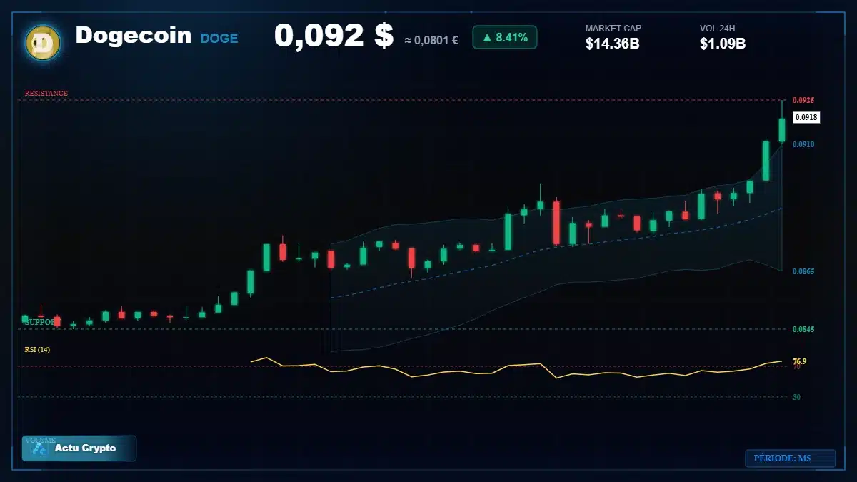 Graphique du cours Dogecoin à 0.09 $ Analyse technique du cours de Dogecoin de dogecoin à 0.09 $ aujourd'hui