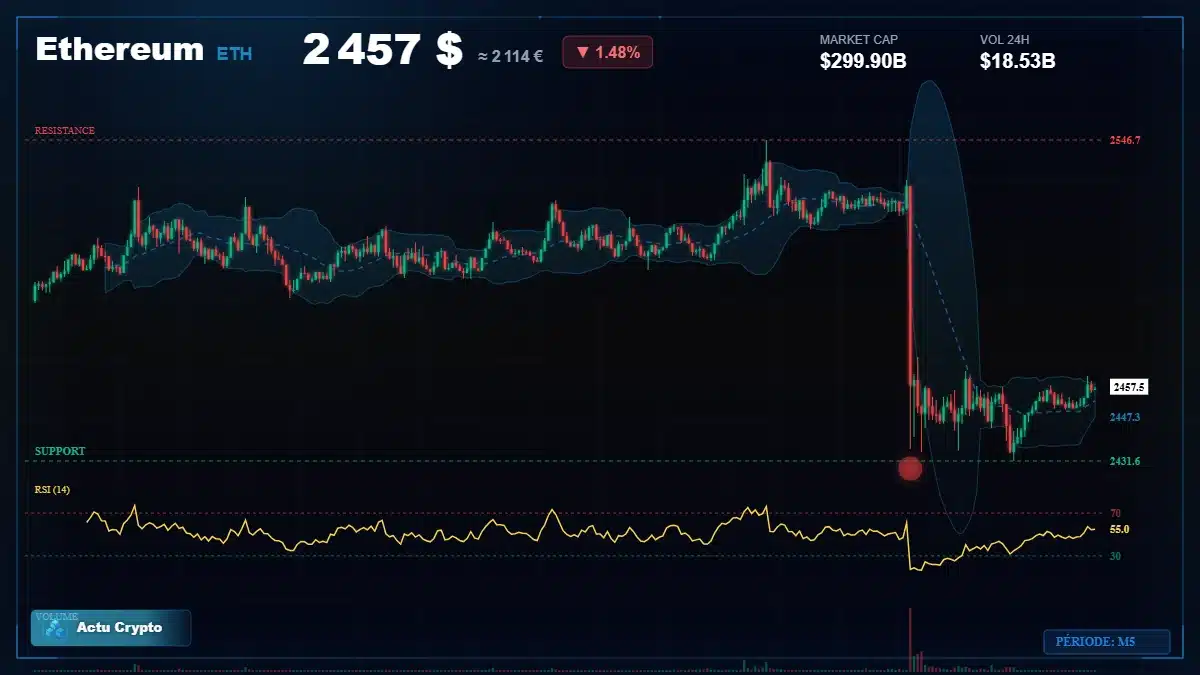 Graphique du cours Ethereum à 2457 $ Analyse technique du cours de Ethereum de ethereum à 2457 $ aujourd'hui