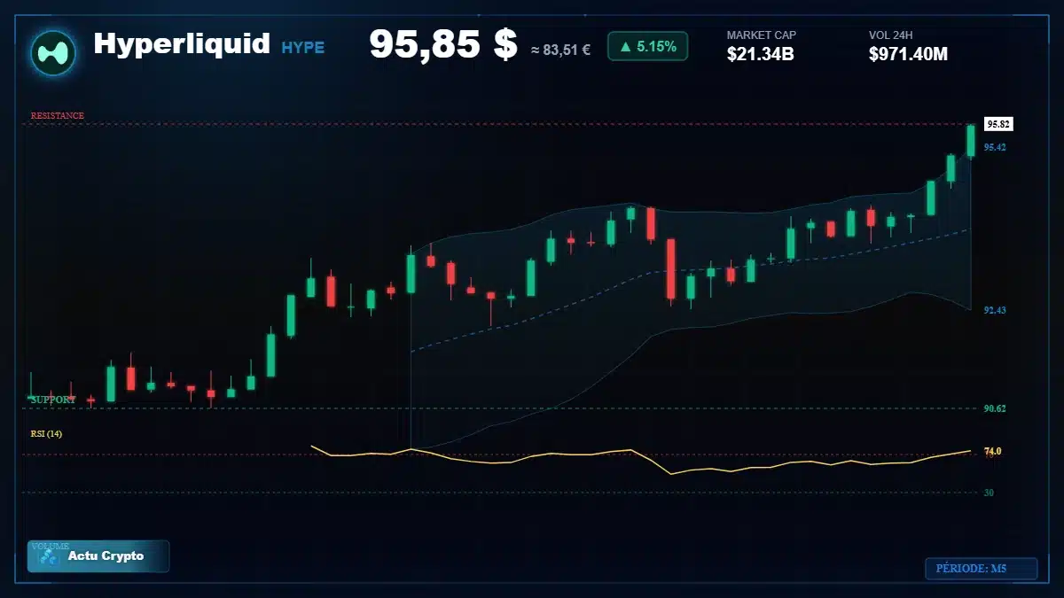 Graphique du cours Hyperliquid à 95.85 $ Analyse technique du cours de Hyperliquid de hyperliquid à 95.85 $ aujourd'hui