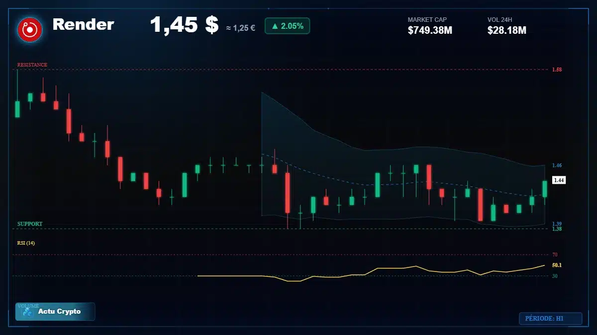 Graphique du cours Render à 1.45 $ Analyse technique du cours de Render de render-token à 1.45 $ aujourd'hui