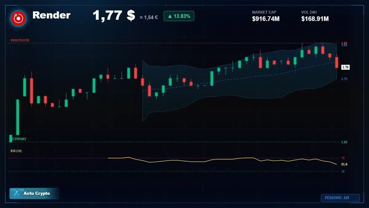 Graphique du cours Render à 1.77 $ Analyse technique du cours de Render de render-token à 1.77 $ aujourd'hui