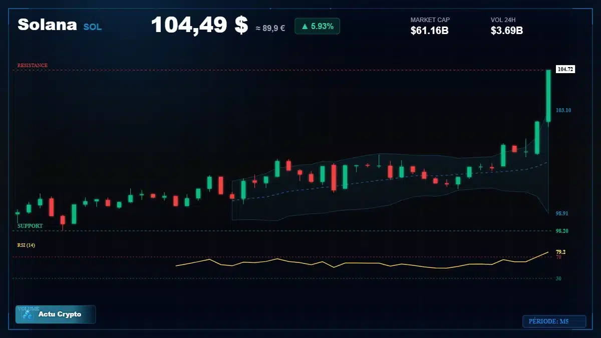 Graphique du cours Solana à 104 $ Analyse technique du cours de Solana de solana à 104 $ aujourd'hui