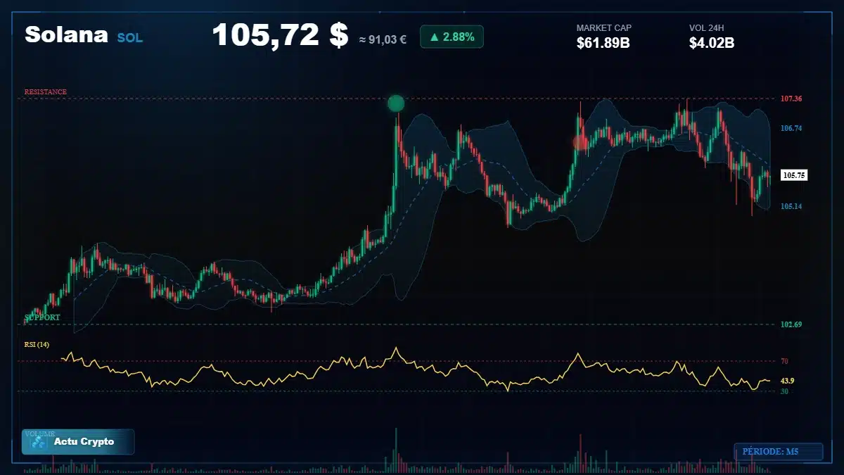 Graphique du cours Solana à 106 $ Analyse technique du cours de Solana de solana à 106 $ aujourd'hui