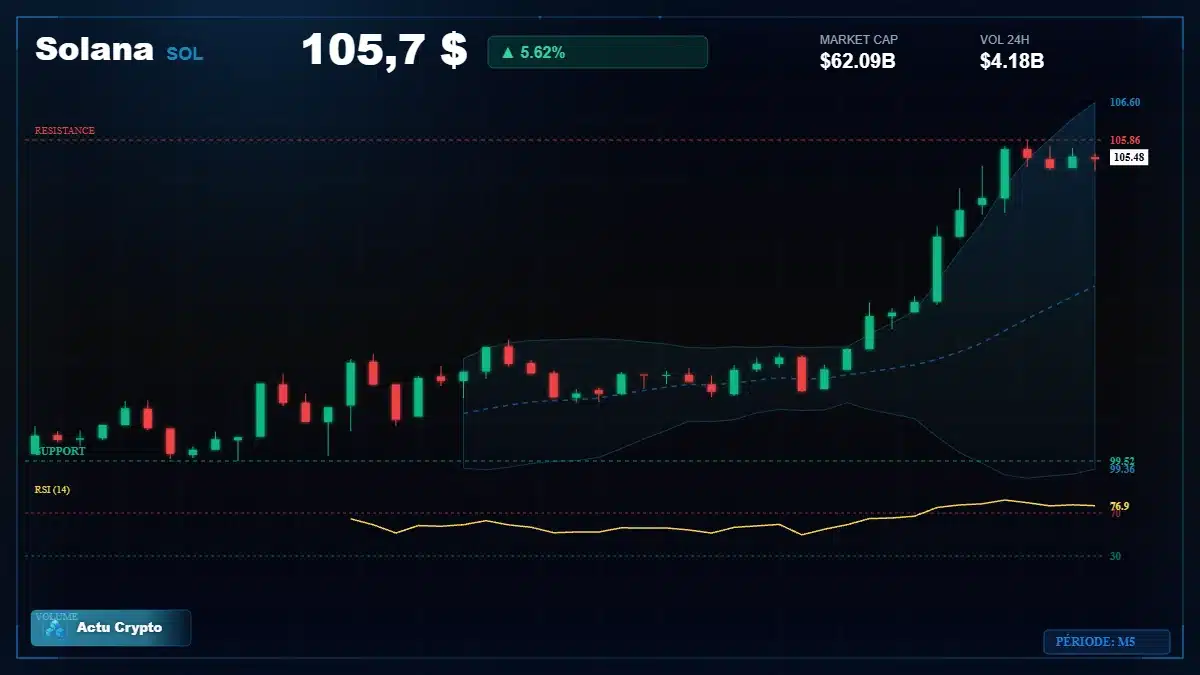 Graphique du cours Solana à 106 $ Analyse technique du cours de Solana de solana à 106 $ aujourd'hui