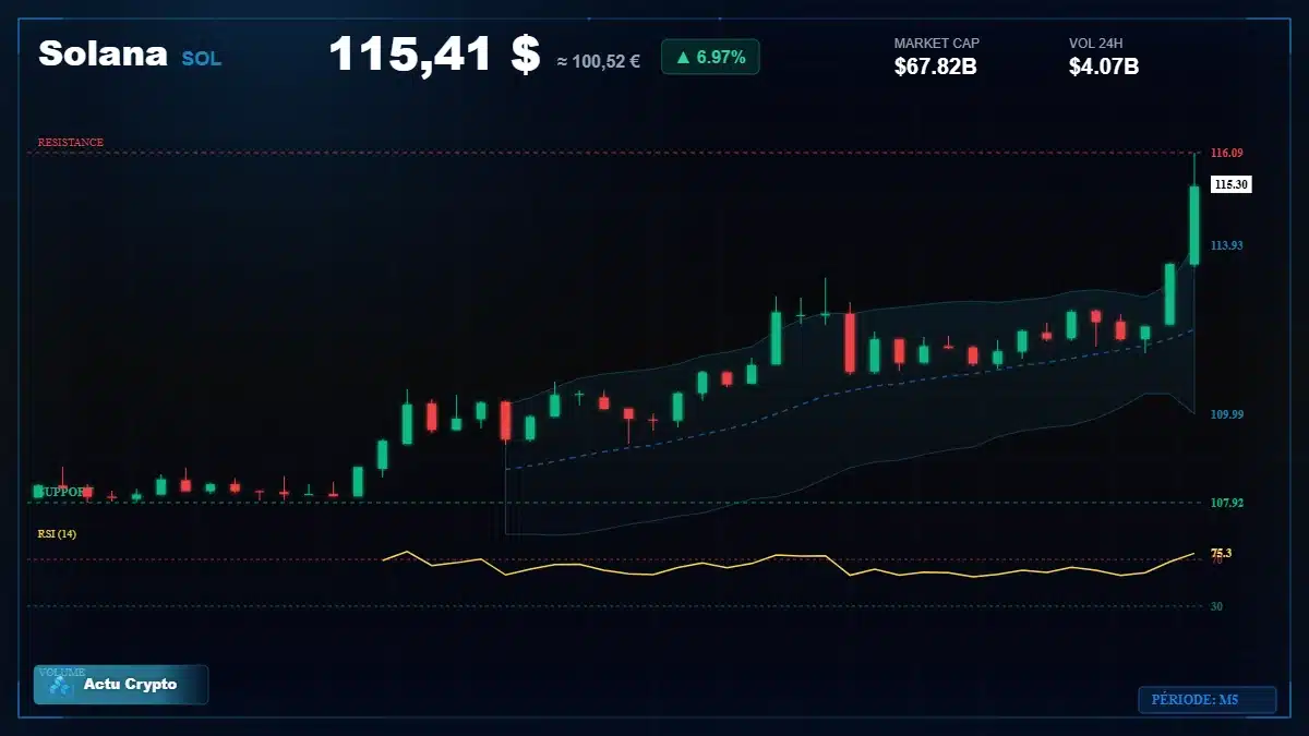 Graphique du cours Solana à 115 $ Analyse technique du cours de Solana de solana à 115 $ aujourd'hui