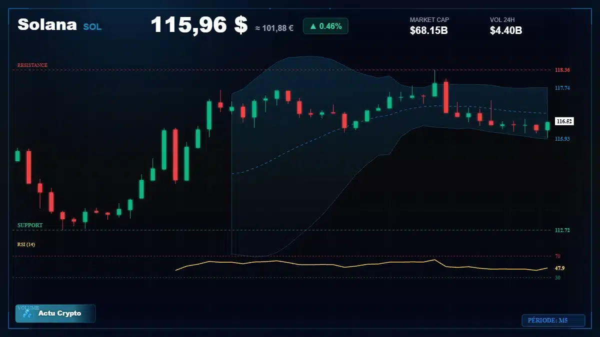 Graphique du cours Solana à 116 $ Analyse technique du cours de Solana de solana à 116 $ aujourd'hui