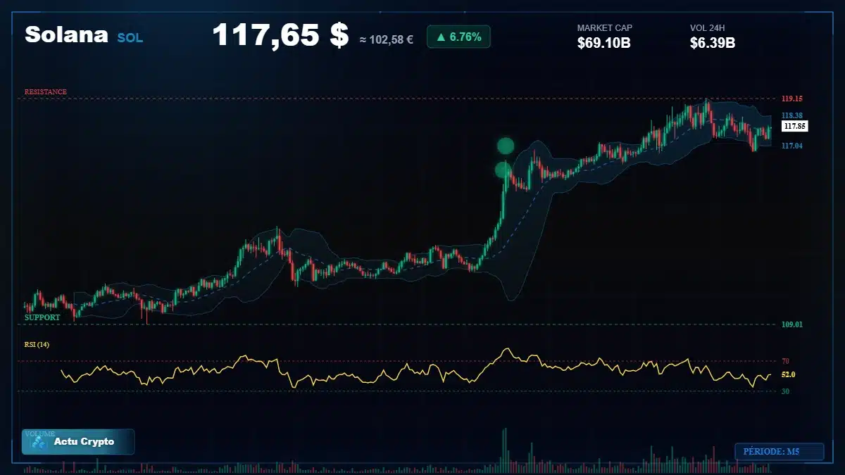 Graphique du cours Solana à 118 $ Analyse technique du cours de Solana de solana à 118 $ aujourd'hui