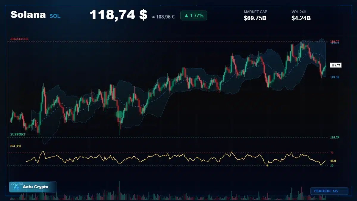 Graphique du cours Solana à 119 $ Analyse technique du cours de Solana de solana à 119 $ aujourd'hui