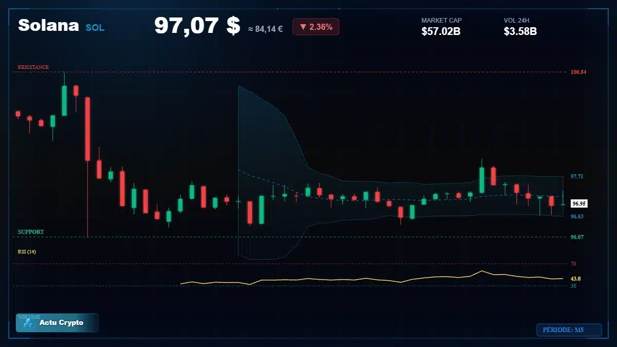 Graphique du cours Solana à 97.07 $ Analyse technique du cours de Solana de solana à 97.07 $ aujourd'hui