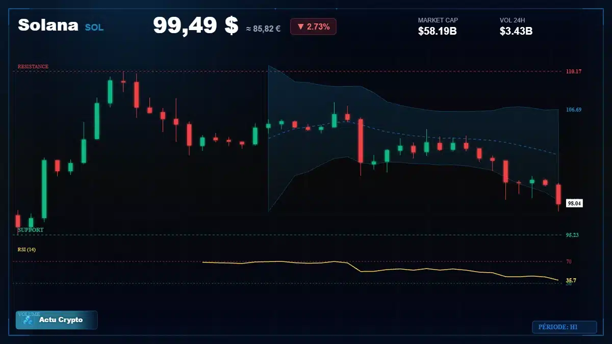 Graphique du cours Solana à 99.49 $ Analyse technique du cours de Solana de solana à 99.49 $ aujourd'hui