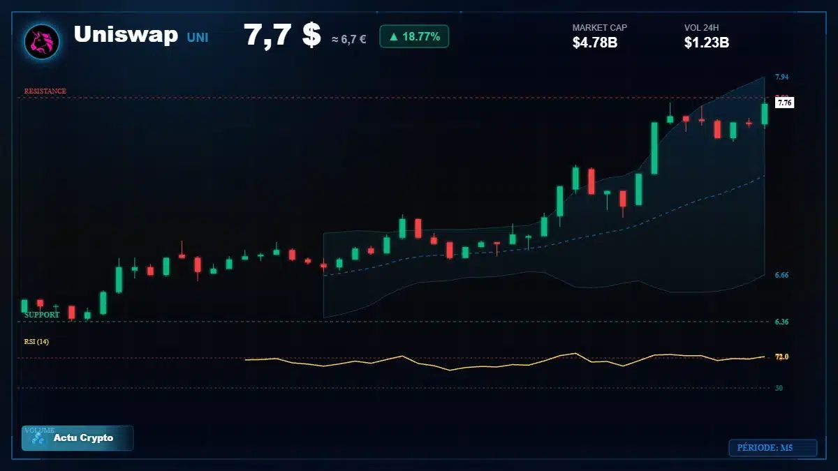 Graphique du cours Uniswap à 7.70 $ Analyse technique du cours de Uniswap de uniswap à 7.70 $ aujourd'hui
