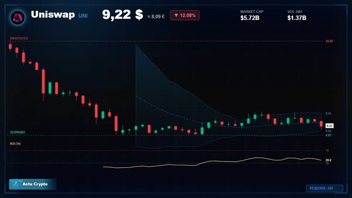 Graphique du cours Uniswap à 9.22 $ Analyse technique du cours de Uniswap de uniswap à 9.22 $ aujourd'hui