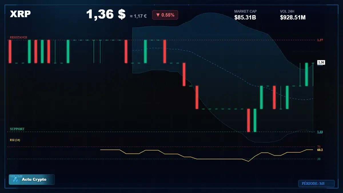 Graphique du cours XRP à 1.36 $ Analyse technique du cours de XRP de ripple à 1.36 $ aujourd'hui
