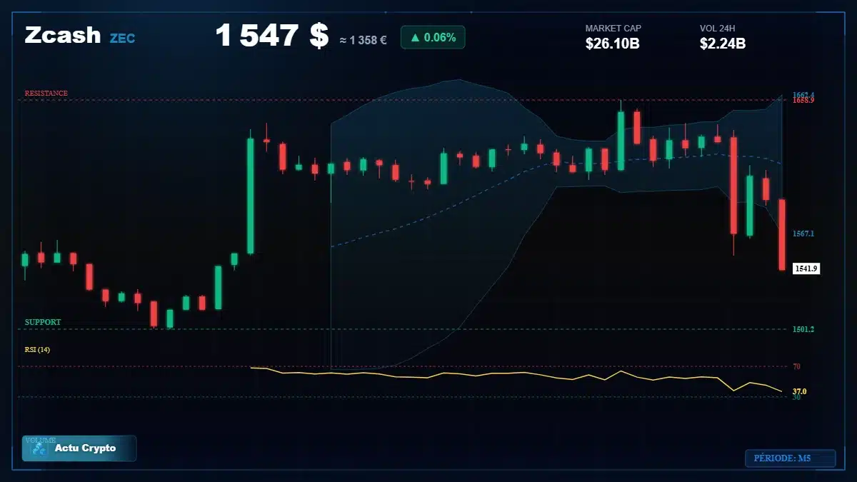 Graphique du cours Zcash à 1547 $ Analyse technique du cours de Zcash de zcash à 1547 $ aujourd'hui