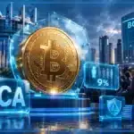 Pièce euro lumineuse et infrastructure blockchain dans une salle financière européenne