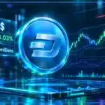 Symbole Dash en hologramme 3D devant un graphique de marché avec support, résistance, volume et RSI
