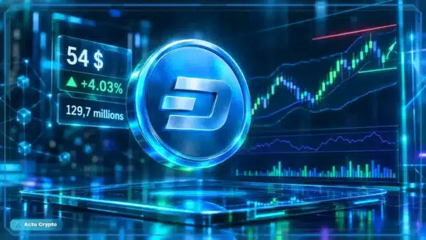 Symbole Dash en hologramme 3D devant un graphique de marché avec support, résistance, volume et RSI