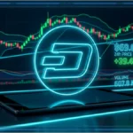Représentation 3D du logo Dash avec un graphique financier affichant le prix de 69 dollars et une tendance haussière