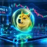 Logo Dogecoin en 3D devant un graphique technique montrant une baisse du DOGE, des bandes de Bollinger et des seuils de